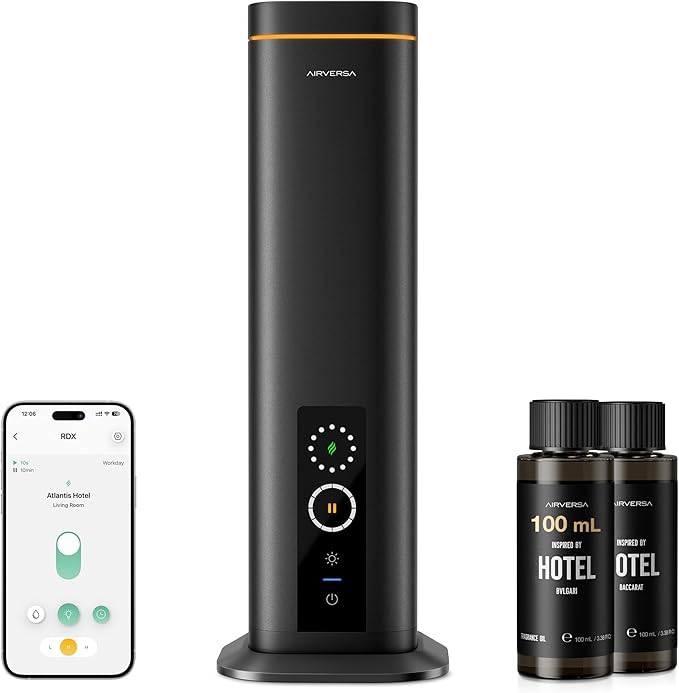 Airversa Waterless Diffuser, Smart Tower Diffuser with App Control, Cold Air Scent Diffuser Oil Machine for Homes Offices Hotels, 300mL Capacity, Up to 1500 sq ft, DC-12V/1A Plug, RDX Black Kit