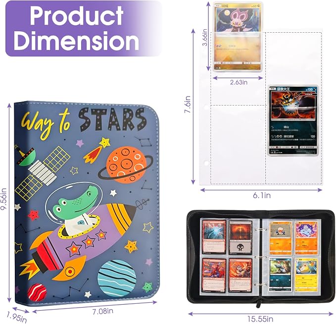 4-Pocket Card Binder with 50 Removable Pages, Holds 400 Cards | Fits trading, sports, gaming and collectible cards. Great for boys and girls to organize and protect collections(Stars)