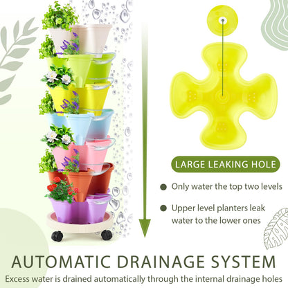 Umigy 2 Set of 7 Tier Vertical Planter Stackable Tower Planters Strawberry Herb Flower and Vegetable Pots Indoor Outdoor Gardening Pots with Removable Wheels and Tools(Macaron)