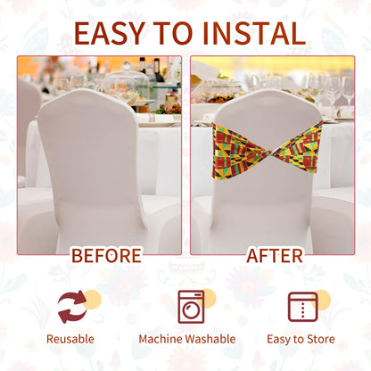 Newwiee 24 Pcs African Kente Chair Sashes Spandex African Kente Chair Covers Animal Print Elastic Chairs Sashes Bow Polyester Bands Ties Without Buckle for Animal Safari Theme Party Birthday Decor