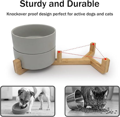 MateeyLife Ceramic Dog and Cat Bowls with Stand, 2-Pack Food and Water Bowl Set - Non-Slip Pet Bowls for Small & Medium Size Dogs，28.7OZ(Grey)