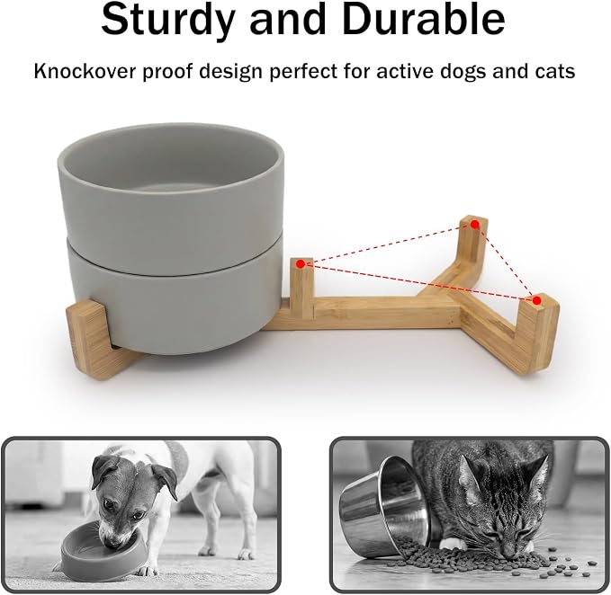 MateeyLife Ceramic Dog and Cat Bowls with Stand, 2-Pack Food and Water Bowl Set - Non-Slip Pet Bowls for Cats,Puppies and Small Dogs, 13.5OZ（Grey）