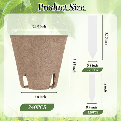 Ferrochef 240 Pcs 3.15 Inches Plant Seedling Starters Kit Peat Pots Round Plant Starter Pots with Drainage Holes Garden Germination Nursery Transplant Pot with 240 Labels and 2 Transplant Tool