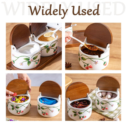 Salt Cellar, 13.5 oz Ceramic Salt Cellar with Lid and Spoon - Strawberry 3D Relief Design Seasoning Jar with Acacia Wood Lid, Suitable for Salt, Sugar, Pepper - Kitchen Countertop Storage Container
