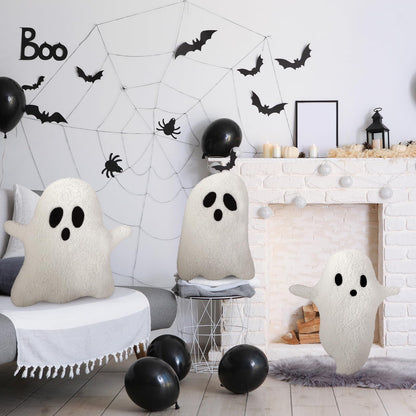 Soaoo 3 Pcs Halloween Pillows 12.6'' x 9.45'' Decorative Spooky Pillows for Sofa White Throw Pillows Decorative Plush Sofa Ghost Cushion for Indoors Home Outdoor Couch Kids