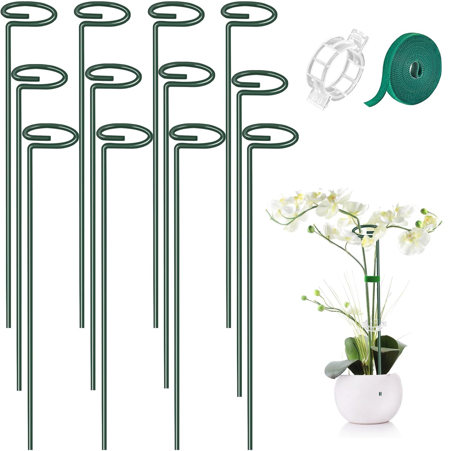 MAFONE 12 Pack 16inch Plant Support Stakes, Plant Stick Garden Single Stem Flower Support Stake Plant Cage Support Rings with 20pcs Plant Clips and Plant Ties for Tomato Orchid Lily Peony Rose Bean