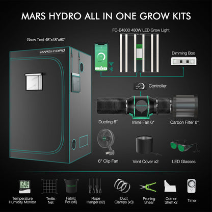 MARS HYDRO 4x4 Smart Grow Tent Kit Complete System,480W FC-E4800 APP WiFi Control Light 2646pcs LED,1680D High Reflective Mylar,with 6inch 32dB,402CFM Quiet and Energy-Efficient Ventilation System