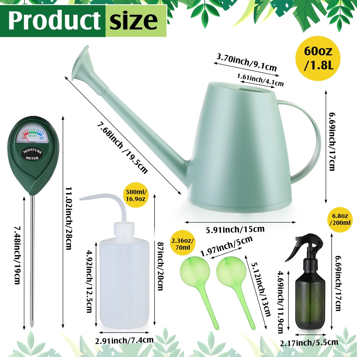 Reallnaive 6 Pcs Indoor Watering Can Set 1/2 Gallon Can 6.8 oz Spray Bottle 17 oz Squeeze Bottle Plant Watering Globes Soil Moisture Meter Small Spraying Set for Indoor Outdoor Plants(Mint Green)