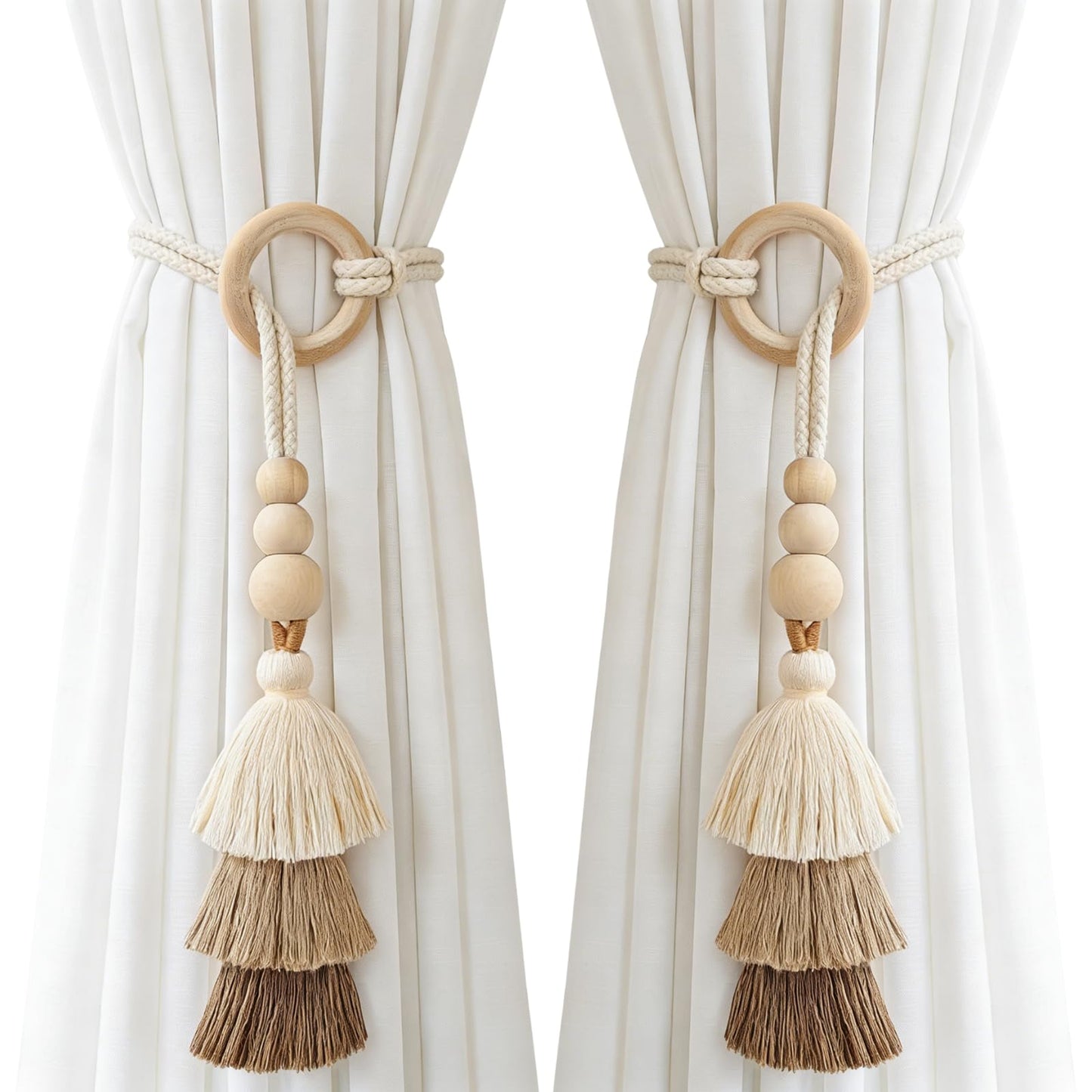 SPRFAIRY 2PCS Boho Curtain Tiebacks Handmade Rope Curtain Tiebacks Drapery Curtain Holdbacks for Indoor Outdoor Drapes Decorative (Beige)