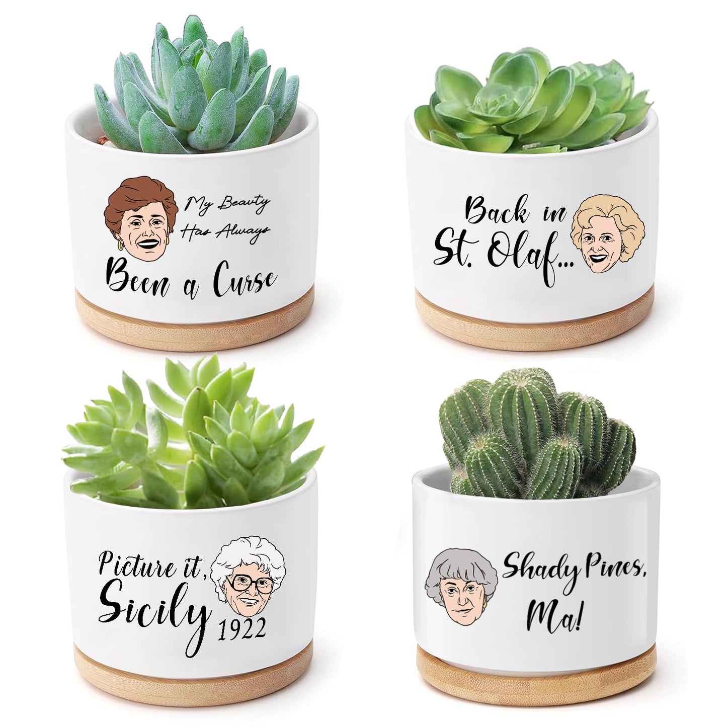 Mikopei Golden Girls Merchandise - Funny Succulent Pots Set of 4, Golden Girls Gifts for Women, Ceramic Mini Cute Planters with Bamboo Tray for Office Desk Indoor Decorations