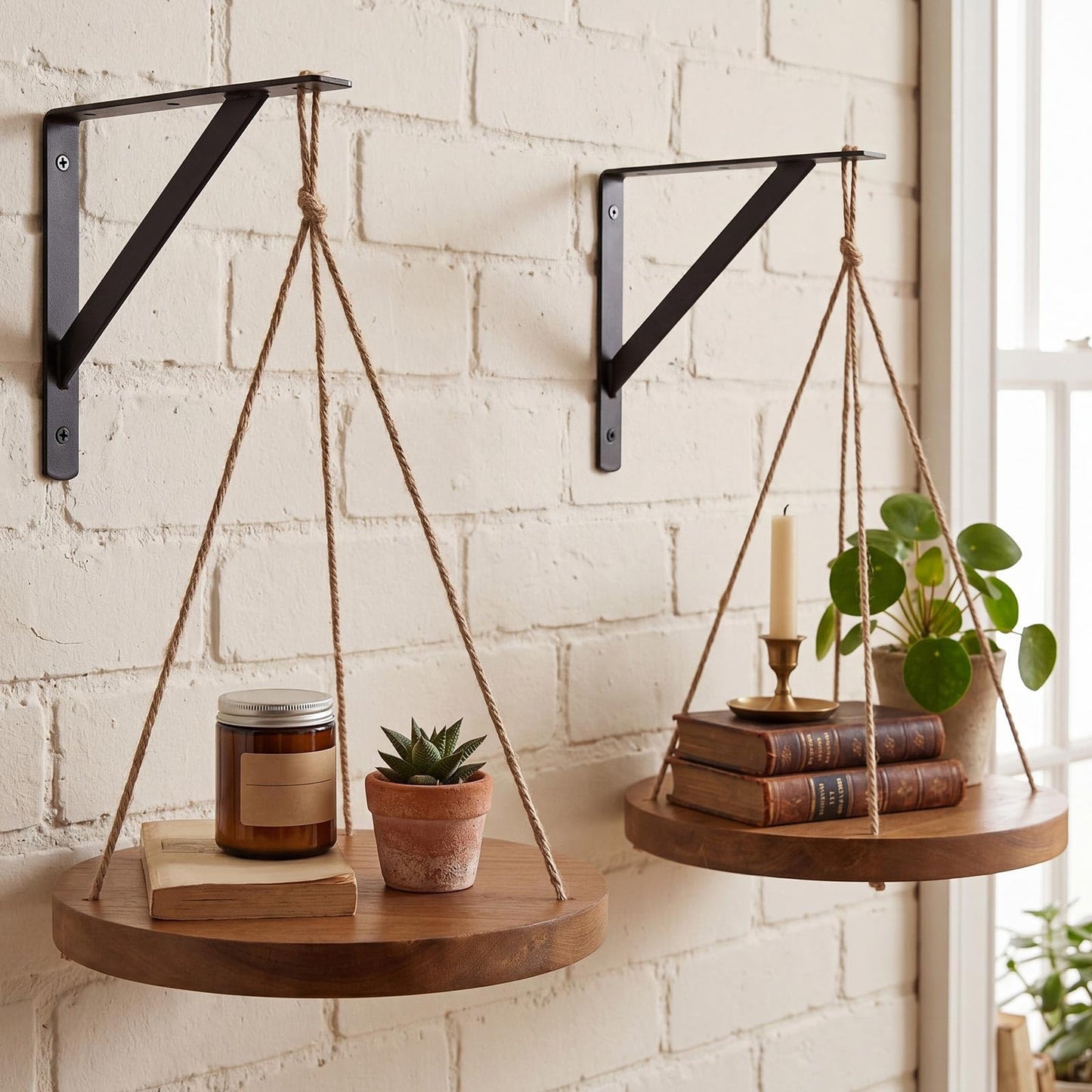 Xuhal 2 Set Hanging Plant Shelf Macrame Plant Hanger Indoor Natural Solid Wood Hangers Shelf with Rope Hanging Floating Shelves Display Planter Rack Decorative Flower Pot Holder Tray Boho Home Decor