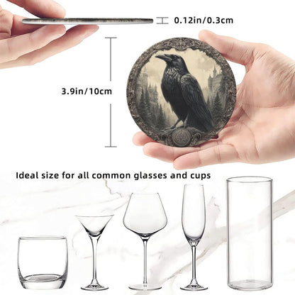 sunwarshile Raven Coasters for Drinks with Holder Round Leather Coasters Set of 6 Cups Mugs Mat Pad for Home Kitchen Bar