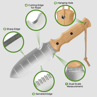 Garden Tools Trowel with EDC Sheath for Weeding Digging Planting, Gifts for Women Mom Her, Gardening Tools with 7" Stainless Steel Blade, Dual-Scale Measurement,Hanging Hole, Gifts for Men Dad Him