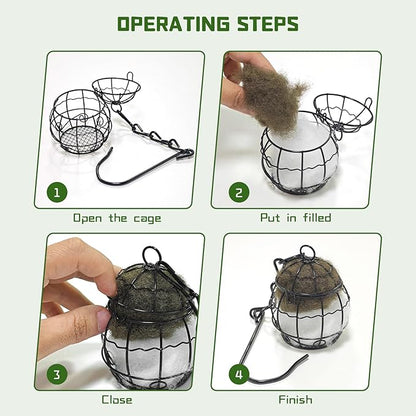 4PCS Bird Nesting Material Holder with 4PCS Nesting Cotton - Rust-Resistant Metal Hanging Nesting Balls for Outdoor Garden, Patio, Tree - Ideal for Hummingbirds, Finches, Canaries & Other Small Birds