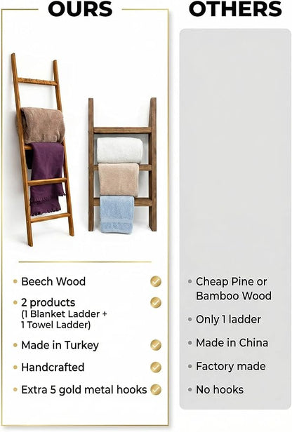 2 Pack Wooden Ladder Set, 1 pcs Blanket Ladder and 1 pcs Towel Ladder - Beech Wood 59'' inc 5 Tier and 5 Extra Hooks Blanket Ladder, Living Room and Bathroom Home Decor, Wall Decorative Shelves
