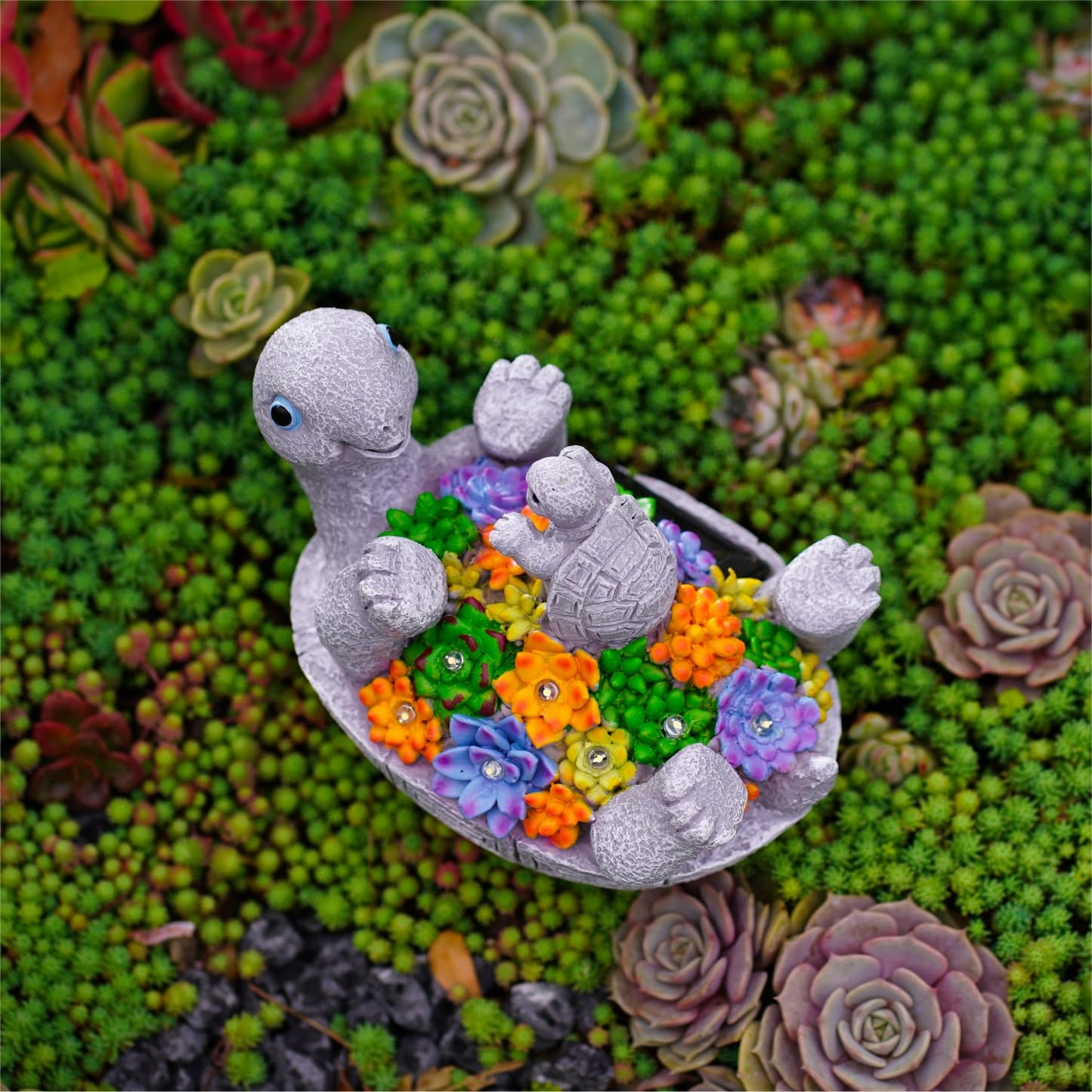 Pohabery Solar Turtle Figurines Garden Decor, Cute Turtle Statue with Baby with 7 LED Solar Lights Garden Lawn Decorations for Patio & Yard, Gifts for Mom, Gery