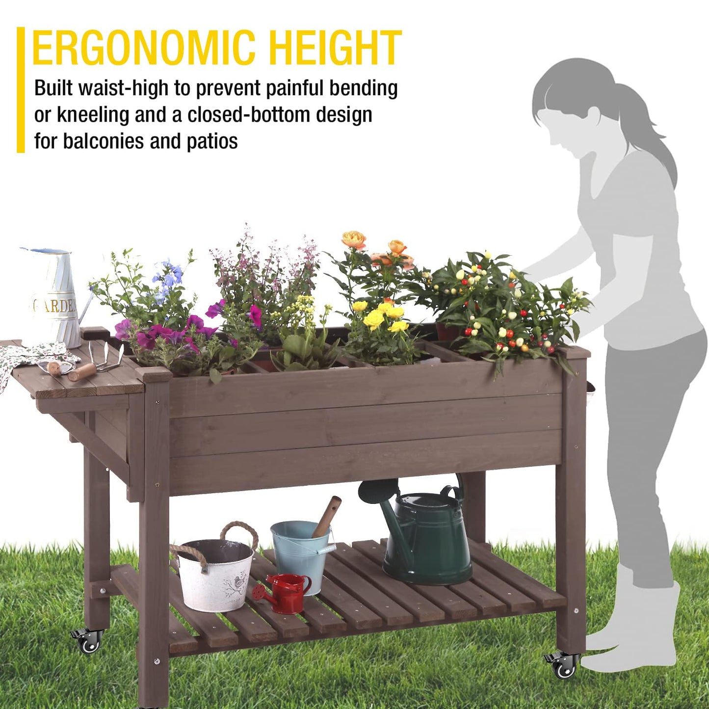 Aivituvin Raised Garden Bed on Wheels, Elevated Plant Boxes Outdoor Large with Grow Grid - with Large Storage Shelf 52.7" x 22" x 30"