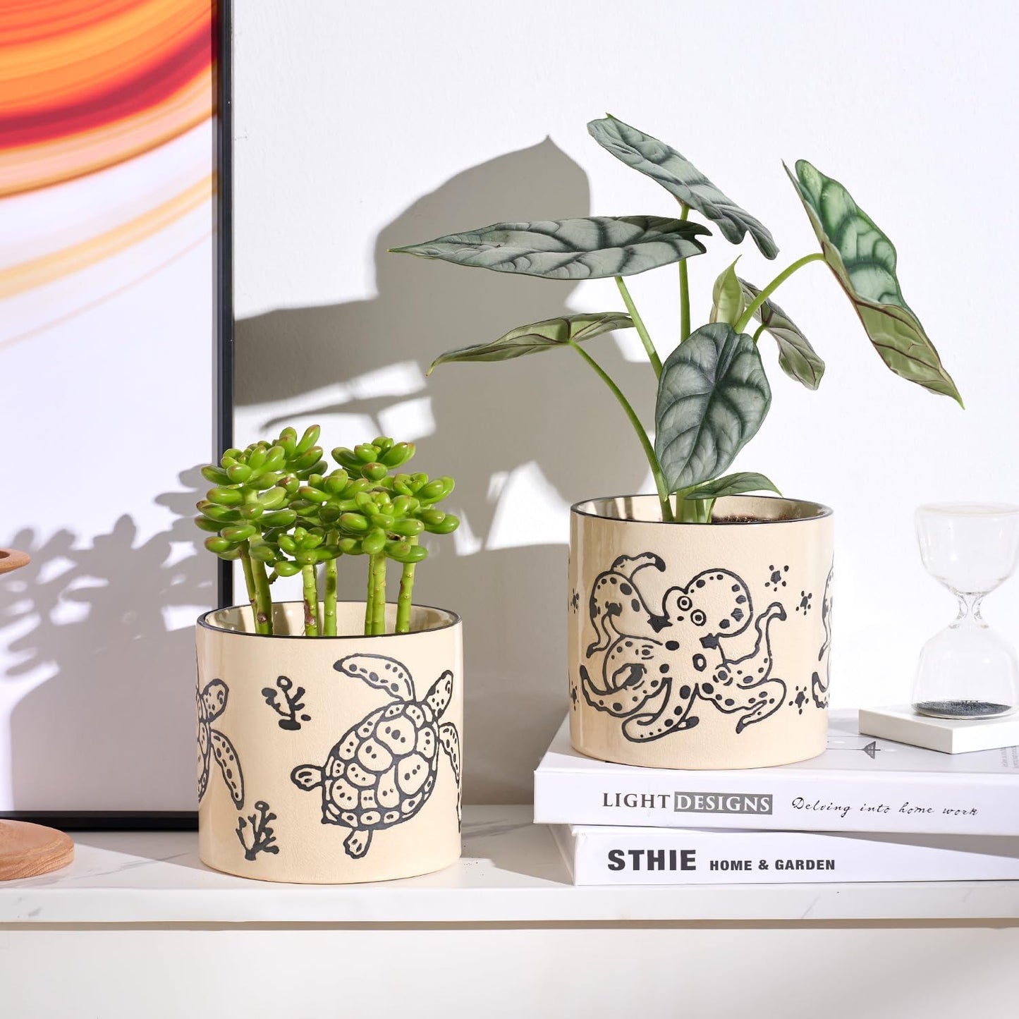 5 Inch Ceramic Plant Pots with Drainage Holes, Small Round Flower Pots for Indoor Plant, Unique Animal Flower Planters (Sea Turtle)