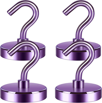 Neosmuk Magnetic Hooks Heavy Duty, Strong Magnet with Hook for Fridge, Super Neodymium Extra Strength Industrial Hooks for Hanging, Magnetic Hanger for Toolbox, Cruise, Grill(Purple,4 Pack)