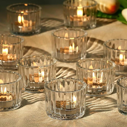 Filltown Clear Tea Light Candle Holders Set of 12, 5cm x 3.5cm Glass Tea Light Holders for Table Centerpiece, Mini Votive Candle Holders for Weddings, Birthday Parties, Home Decor, Table Decor