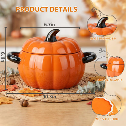 FTNESGYM Pumpkin Soup Bowl, 64oz Ceramic Pumpkin Pot Microwave & Dishwasher Safe Casserole Dish with Lid, Dutch Oven Pot Stockpot Cookware for Home Thanksgiving Halloween Party (Orange)