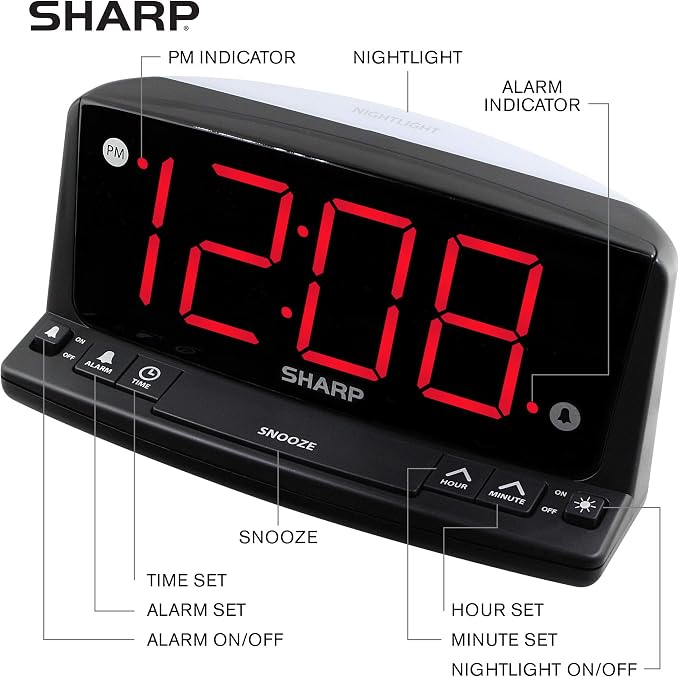Sharp Digital Alarm Clock, 1.8" Red LED, Night Light, Loud Alarm, Black | Front keyboard controls, 9-minute snooze, AC powered, 9V settings backup, across-room viewing, bedroom, nursery, bathroom