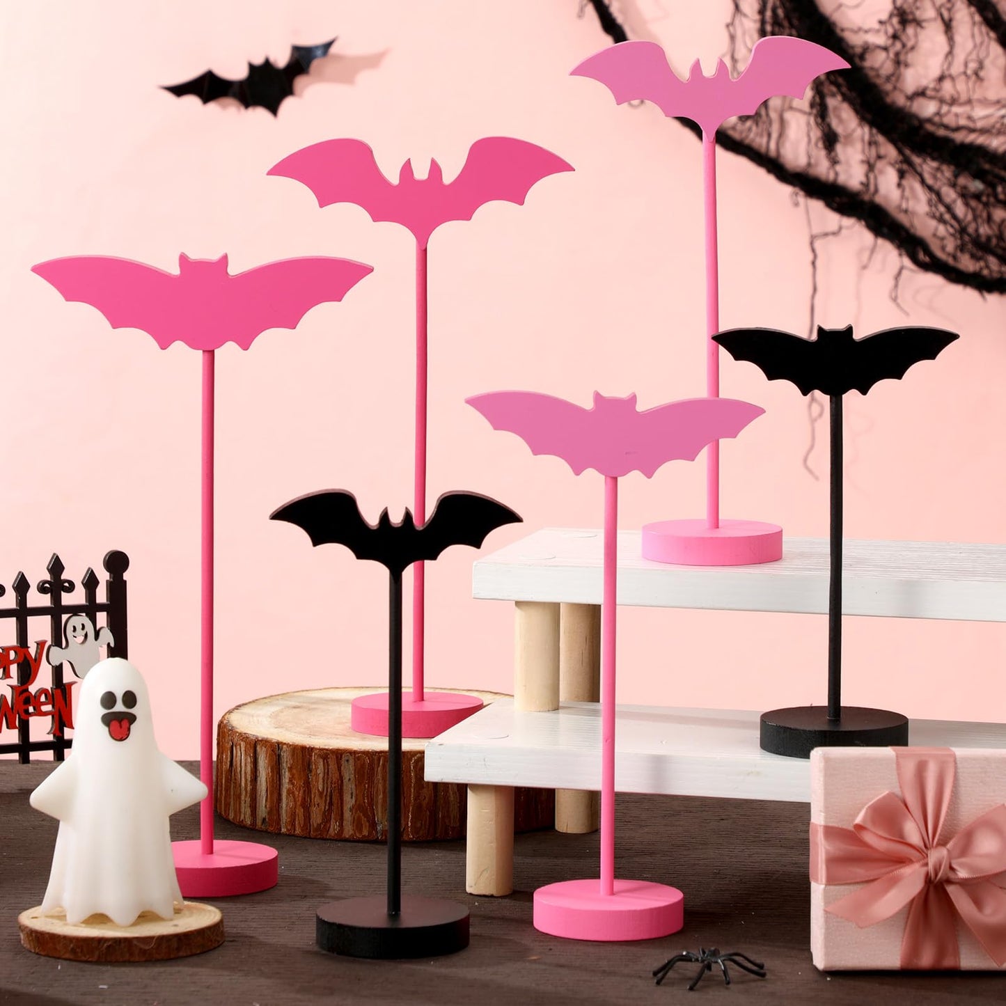 Geetery 6 Pieces Halloween Table Decorations Tall Standing Bat Decor Wood Sign Block Wooden Bats Centerpieces Rustic Tabletop Home Table Topper Sign for Halloween Party Favor Home Room Decor (Pink)
