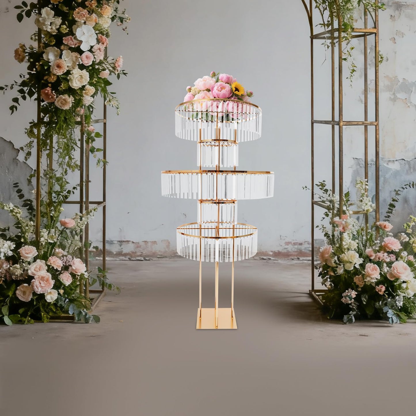 Headery 5 Tiers Round Wedding Centerpieces Vase, 61in Gold Acrylic Flower Stand with Hanging Crystals, Square Chandelier Pedestal Stand for Party Table Decoration Lawn Hotel Opening (Styel-4)