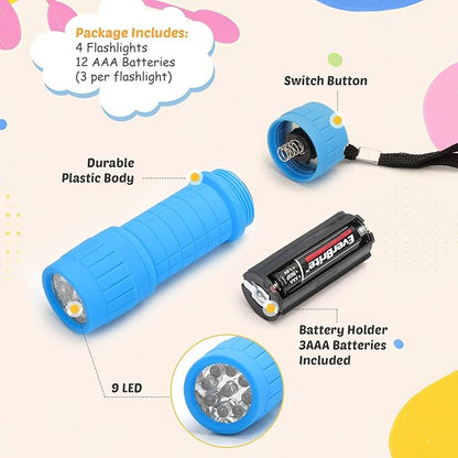 EverBrite 4-Pack Mini LED Flashlight Set, Small Flashlights for Kids in 4 Assorted Colors with 12 AAA Batteries, Fun and Portable for Camping, Emergency, Home, and Holiday Gifts