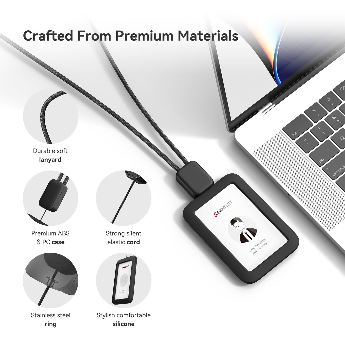 Lanyards for ID Badges Holder, SANTLET Silicone ID Badge Holder Name Card Case Protector with Retractable Cord, Safety Breakaway Buckle, 2 Card Slots for Office Staff Teachers Employees Cruising Black