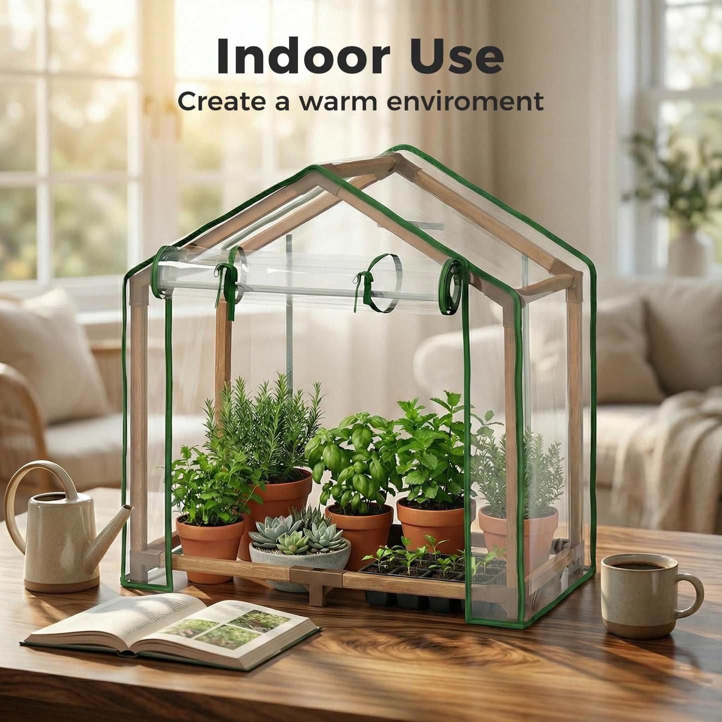 Leaf&Lull Mini Greenhouse Indoor Desktop with Zippered Doors & Roll-up Windows Elevated Bottom Portable Plant Hot House with Durable PE Cover Ventilation Window for Seed Starting&Plant Growth
