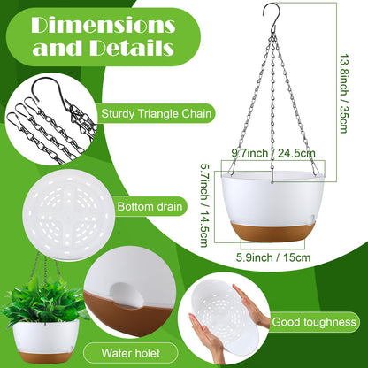 Remerry 6 Pcs 10 Inch Hanging Planter Hanging Plant Pot Plastic Round Hang Baskets for Plants Indoor Flower Pot with Drainage Holes Removable Trays for Garden Home Patio(White)