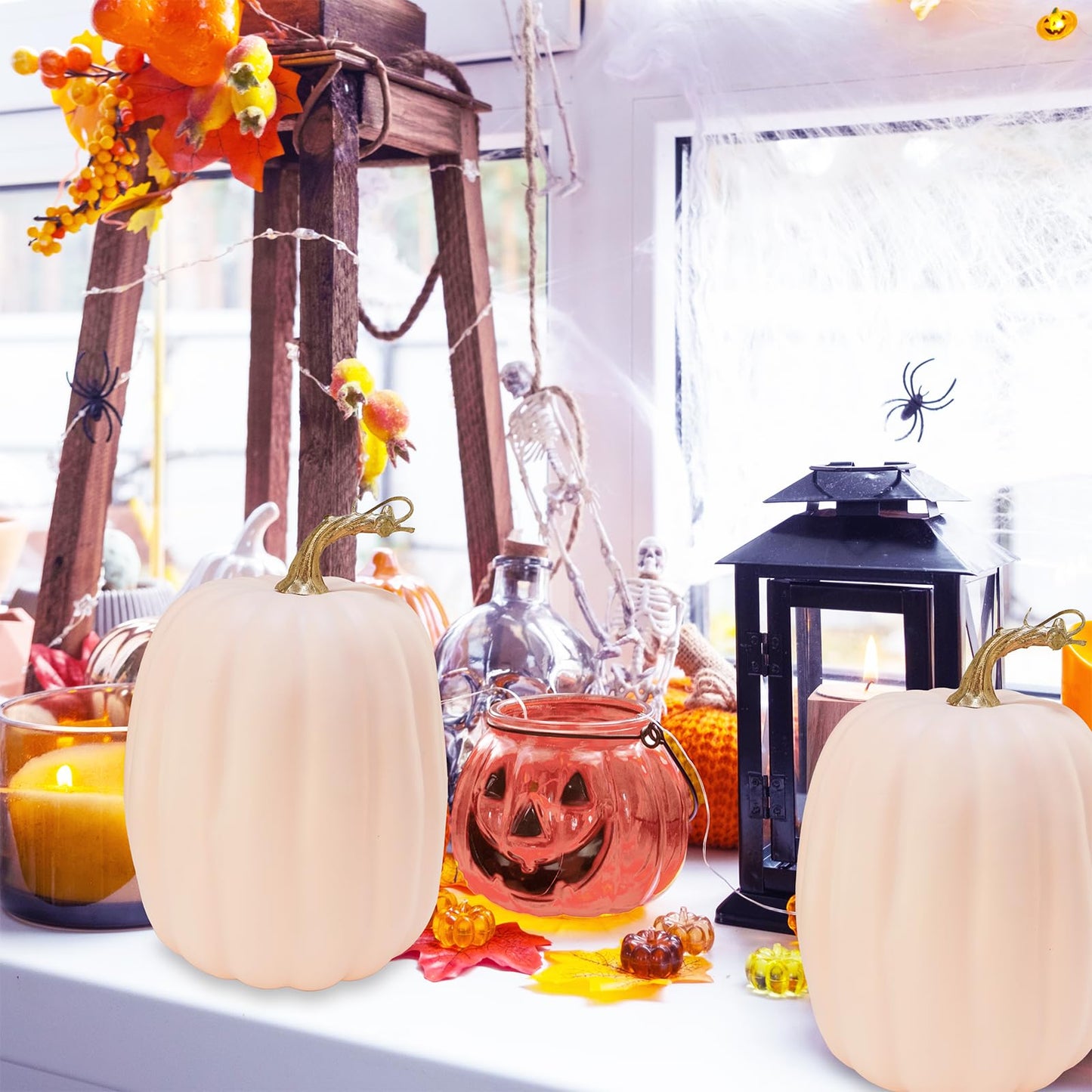 Winlyn 2 Pcs Large Artificial Pumpkins Fall Harvest Light Peach Pumpkins Big Faux Foam Pumpkins 8.7" for Fall Autumn Home Decor Wedding Baby Shower Thanksgiving Halloween Party Table Centerpiece