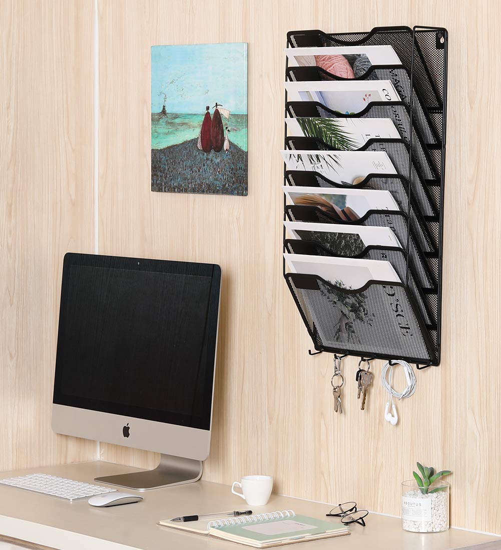 EasyPAG 8 Pocket Mesh Wall File Organizer with Key Hooks, Hanging Paper Folder Holder with Classify Label, Vertical Wall Mount Mail Organizer for Office Home Classroom, Black