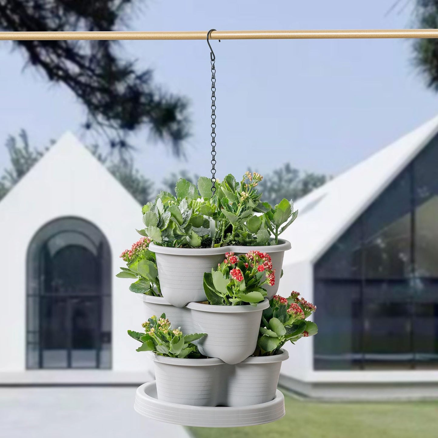 Birheatry Vertical Strawberry Planter 3 Tier Hanging Vertical Gardening Stackable Planter, Hanging Strawberry Planter Pot for Strawberries, Flowers, Herbs, Vegetables with Removable Wheels and Hooks
