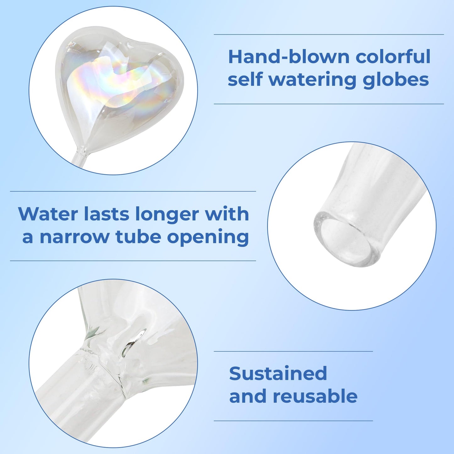 KH866 Heart Plant Water Globe, 4 Pcs Set Iridescent Glass Self Watering Bulbs, Heart Shaped Waterer Dripper for Indoor Plants, Outdoor Flowers, Planter Insert Garden Device for Pots