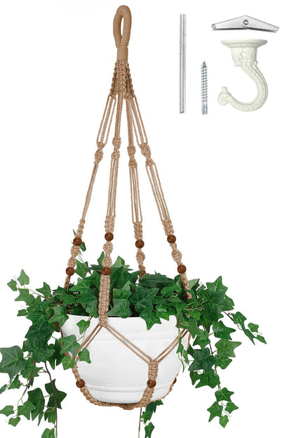 Shineloha 43 Inches Macrame Planter Hanger Large for 12 inch Pot + Swag Hook (Extra Long & Big) | Large Hanging Planter for Indoor Plants | No Tassel, Cotton Rope, NO Pot/Plant Included (Jute)(XL)