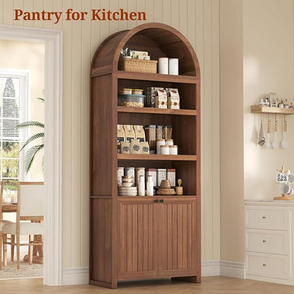 81" Tall Arched Cabinets,Bookcase with storage,Mid-Century Modern 6-Tier Bookshelf with Door,2 Book Risers and Adjustable Shelves offering more storage space for Living Room,Kitchen,Home Office,Brown