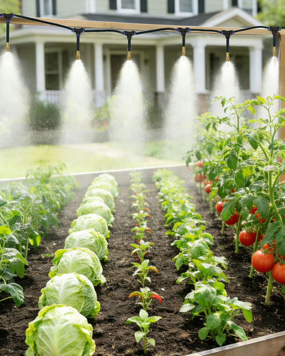 Upgraded 5/16" Drip Irrigation Kit (100FT), High-Flow Garden Watering System with 16 Bendable 360° Brass Misting Nozzles, Quick-Push Connectors & Leak-Proof Design for Patio, Greenhouse & Flower Beds