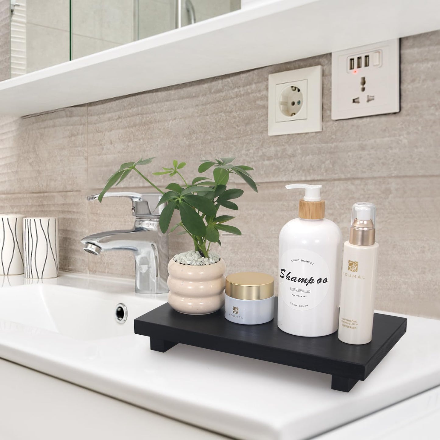 Black Bathroom Vanity Counter Tray Decor Farmhouse Wood Risers Kitchen Soap Sink Tray for Countertop Decorative Hand Soap Dispenser Holder Wooden Pedestal Stand Modern Bathroom Organizer Accessories