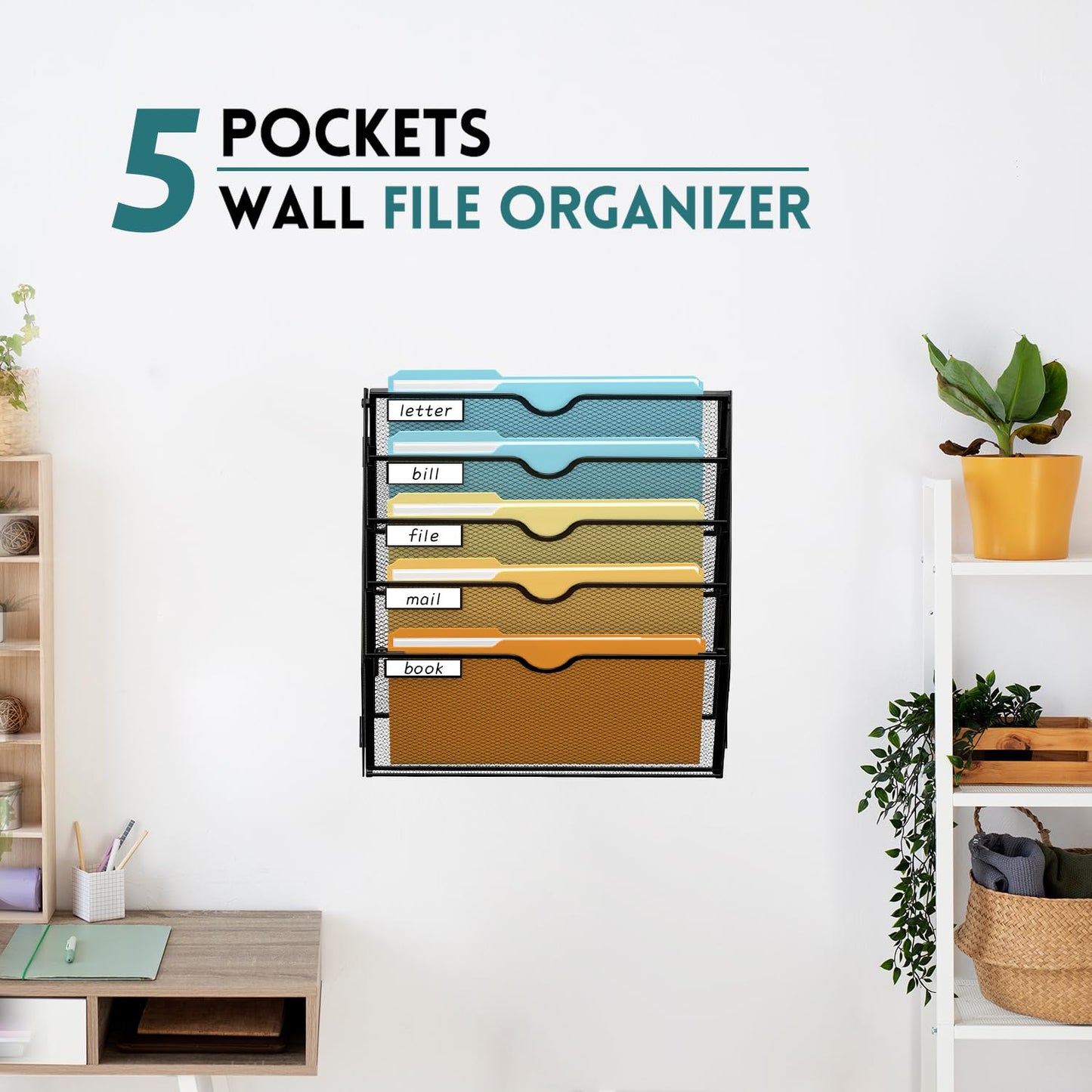 SUPEASY 5 Tier Wall File Organizer, Hanging Wall Mounted Mail Organizer with Label Slots, Metal Mesh File Holder Magazine Rack for Office, Home, School or Classroom, Black