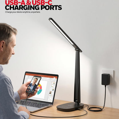 Honeywell LED Desk Lamp for Home Office, Eye-Caring Dimmable Reading Light with 4 Color Modes, Touch Control, USB-A & USB-C Charging Ports, Adjustable Head, Timer for Bedroom & Small Desks