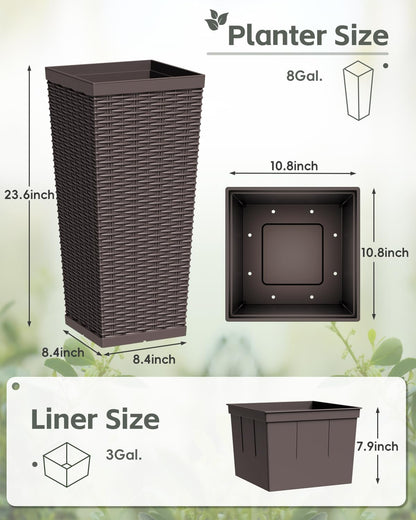 Greesum 23 Inch Tall Plastic Planters (Set of 2), Large Outdoor Flower Pots with Detachable Inner Pot & Drainage Holes for Plants, Trees, Patio, and Garden, Brown