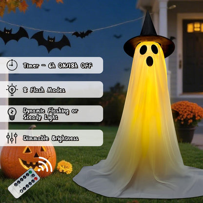 Halloween Decorations Outdoor & Indoor Decor - 2 Pack 59-inch Remote Control Spooky Ghost String Lights with Witch Hats, Halloween Lights for Porch, Yards, Patio, Garden Lawn, Party