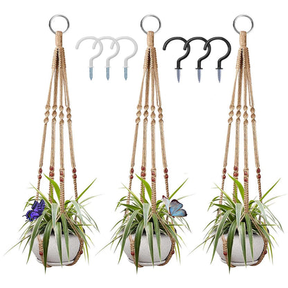Macrame Plant Hanger 3 Pack Ceiling Plant Hanger 35'' Brown Hanging Planter Holder Boho Handmade Plant Jute Rope with 6 Hooks and Beads for Indoor Outdoor Home Balcony Decor, Fit Max 12'' Flower Pot