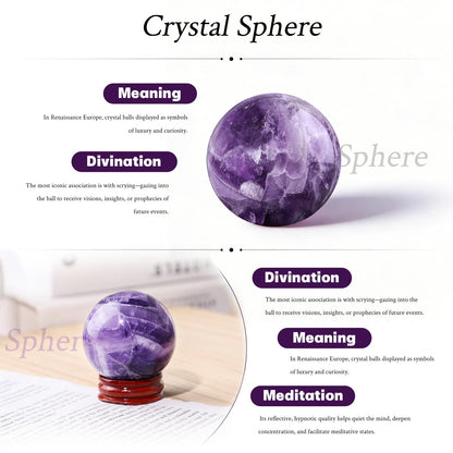 Rockcloud Titanium Coated White AB Quartz Crystal Sphere with Wood Stand, Natural Rock Crystal Geode Ball for Divination Home Decor, 61-70mm