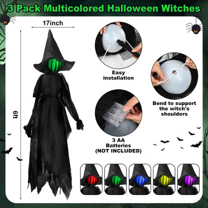 MiniInflat 6 Pack Halloween Decorations Outdoor Included Large Witches Cauldron on Tripod with String Light Eyeball and Skeleton 3 Pcs 6 ft Lighted Witch Stakes 2 Pcs Solar Eyeball Light for Yard Lawn