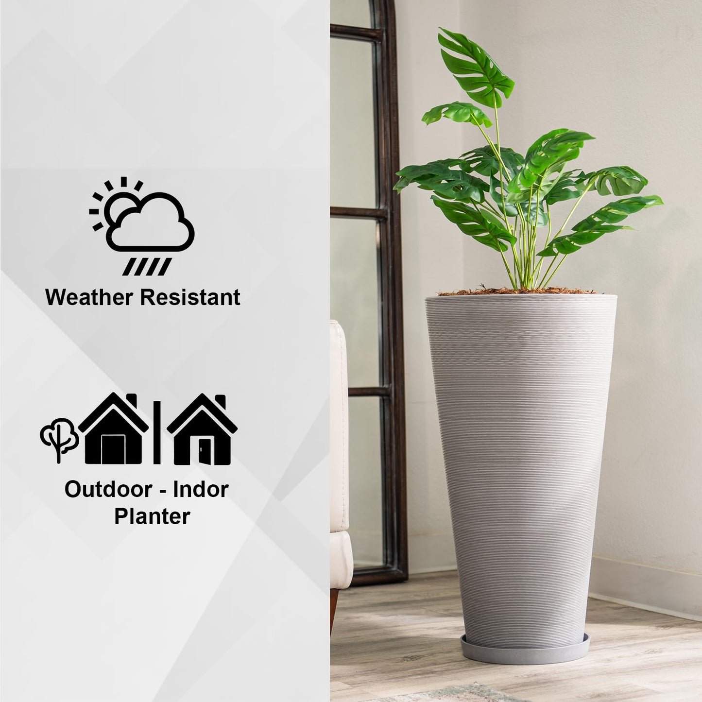 XBrand 28-Inch Tall Tapered Indoor and Outdoor, Gray Planter