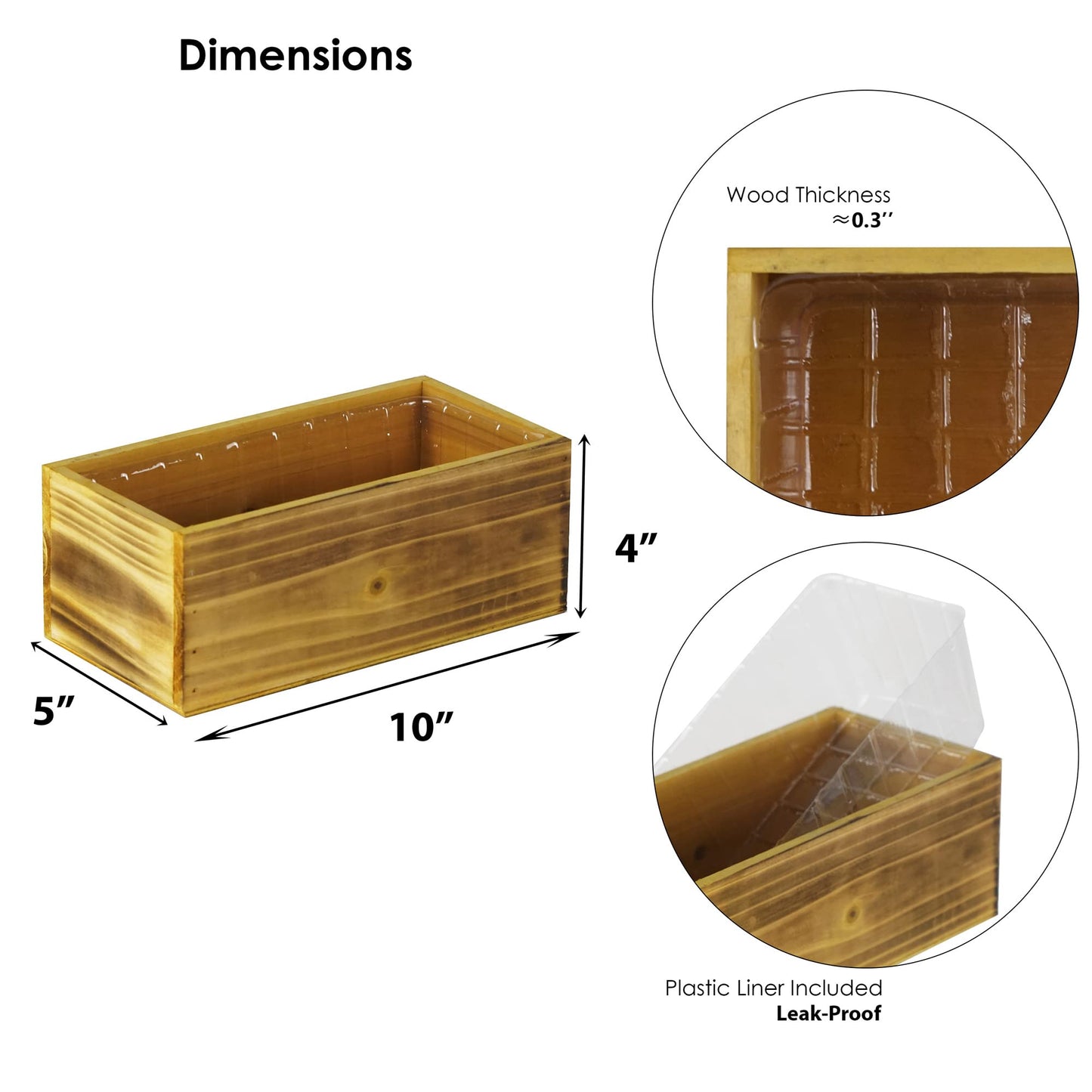 CYS EXCEL Small Natural Light Brown Wood Rectangle Planter with Removable Plastic Liner (H:4" Open:10"x5") Country Rustic Indoor Decorative Box for Flower Succulent