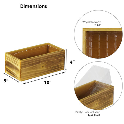CYS EXCEL Small Natural Light Brown Wood Rectangle Planter with Removable Plastic Liner (H:4" Open:10"x5") Country Rustic Indoor Decorative Box for Flower Succulent